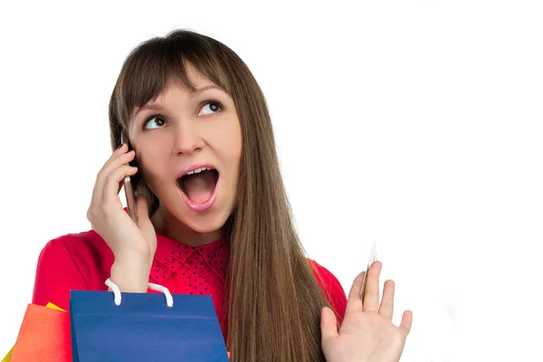 신용 카드, 다채로운 가방, smartph에 쇼핑 하는 여자 — 스톡 사진