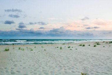 Kumlu boş deniz kıyı deniz manzaralı, bulutlu renkli gündoğumu skyvi