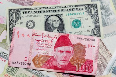 Moskova, Rusya - 20 Nisan 2020: Farklı Pakistan Banknotlarıyla Bir Amerikan Doları