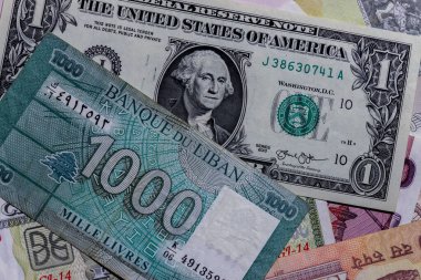Moskova, Rusya - 20 Nisan 2020: Farklı Lübnan Banknotlarıyla Bir ABD Doları