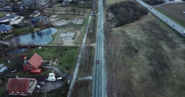 Footage Aerial View Different Cars Rural Road Riga Lettország — Stock videók
