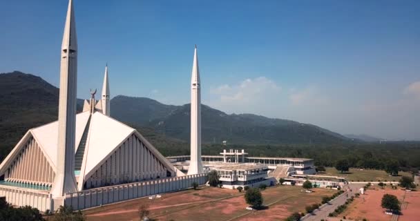 Filmagem Vista Aérea Para Mesquita Faisal Branca Islamabad Paquistão — Vídeo de Stock