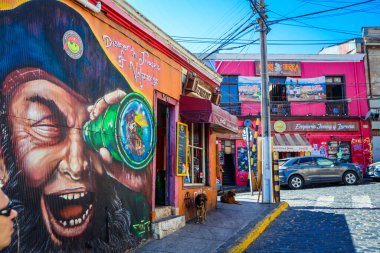 Valparaiso, Şili - 08 Mart 2020: Çok Renkli Binalara Günlük Yaşam Görünümü