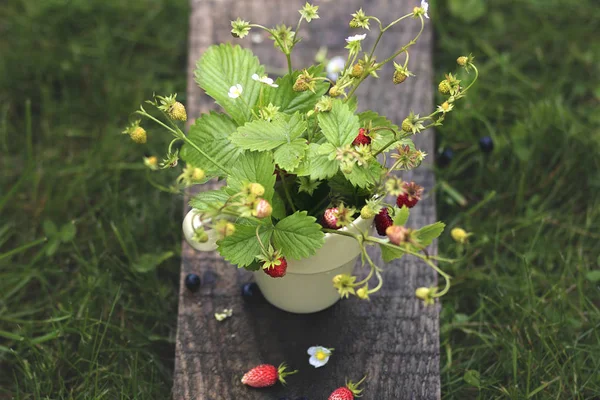 花园里还有杯子和草莓的生活 — 图库照片