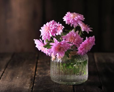 Cam bir vazoda pembe asterlerle hayat.