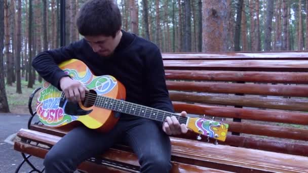 Хлопець грає в стилі хіпі гітара — стокове відео