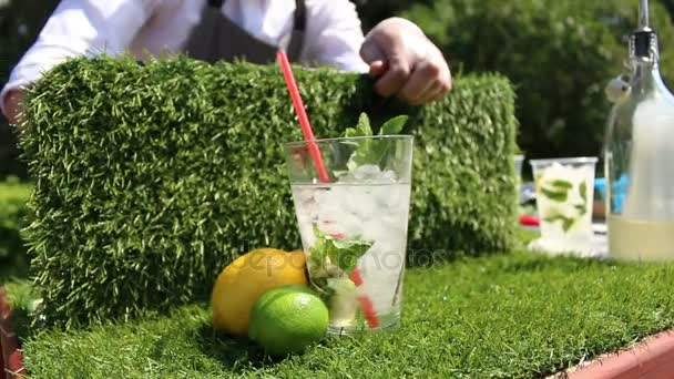 Cocktail niet alchoolic in de buurt van de barman van de werken op de achtergrond van het park op dia beweging — Stockvideo