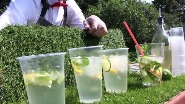 BarTender att göra Mojito Cocktail, bartendern drar ut och lägger isen i mojito. — Stockvideo