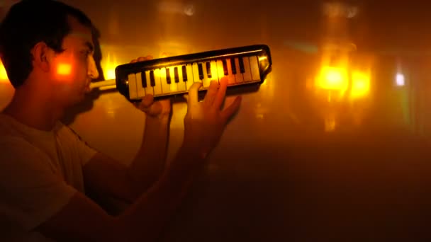 スポット ライトで鍵盤ハーモニカーを演奏若い男 — ストック動画
