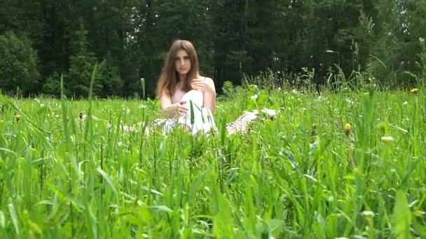 Eine junge schöne Frau sitzt auf kariertem Gras im Park — Stockvideo