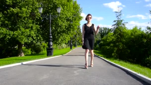 Slow Motion Joyeux sourire jeune femme en robe noire se promenant dans un parc ensoleillé le jour des étés . — Video