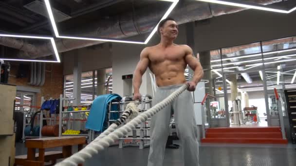 Sportsman posing with heavy rope training at the gym — Stock Video