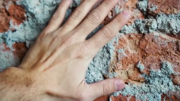 Main mâle caresse doucement la surface, glisse sur le mur de briques — Video