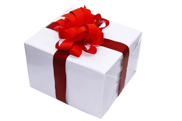 White presents with red ribbons — Stock Photo, Image