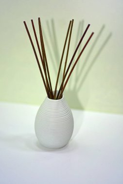 Aromatik beyaz seramik vazo içinde ev için sopa.