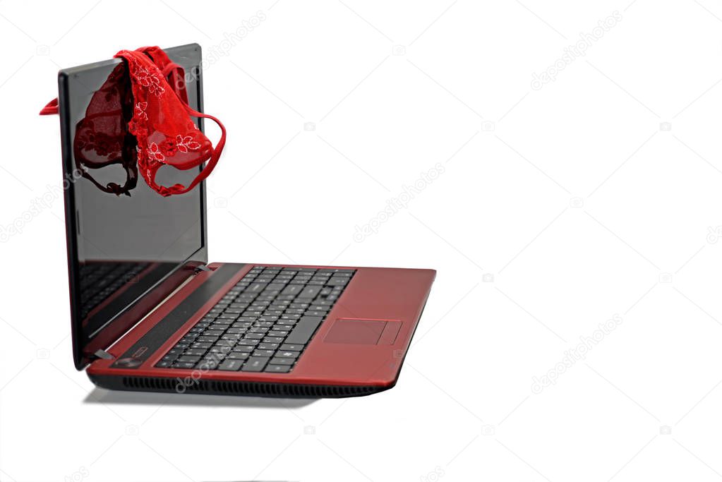 Woman red panties on laptop.