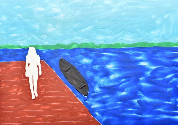 Silhouette der Frau gegen den See. — Stockfoto