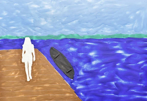 Silhouette der Frau gegen den See. — Stockfoto