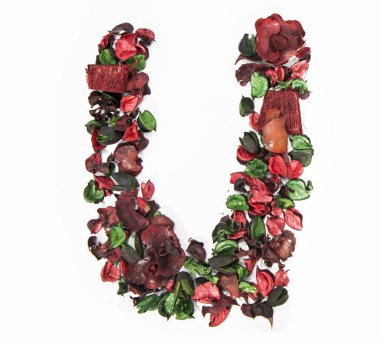 Kuru gül çiçeklerinden yapılmış Latin alfabesi harfi.