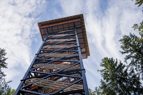 Alta torre de madera y metal mirador en el bosque. Día soleado de verano . — Foto de Stock