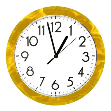 Yellow wall clock. Isolated on white background. High quality photo.