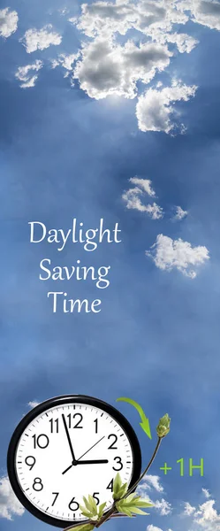 Daylight Saving Time (DST). Blue sky with white clouds and clock. Turn time forward (+1h). — Stok fotoğraf