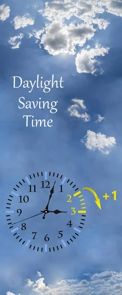 Daylight Saving Time (DST). Blue sky with white clouds and clock. Turn time forward (+1h). — 스톡 사진