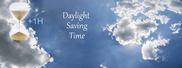 Daylight Saving Time (DST). Blue sky with white clouds and clock. Turn time forward (+1h). — 스톡 사진