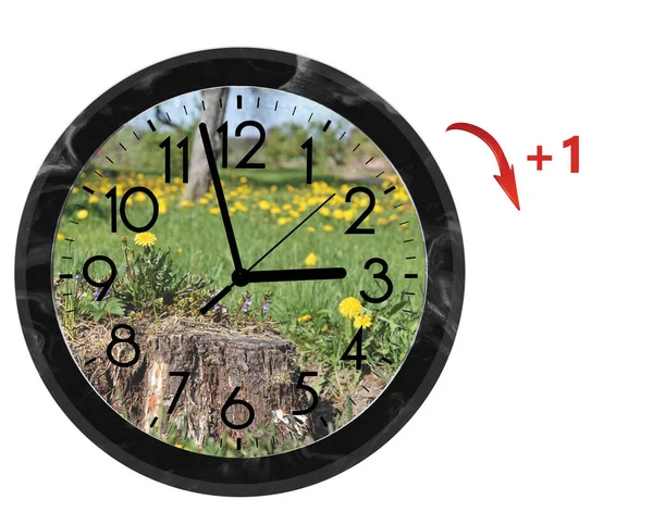 Daylight Saving Time (DST). Wall Clock going to summer time (+1). Turn time forward. — 图库照片