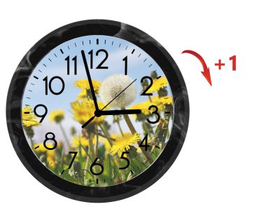 Daylight Saving Time (DST). Wall Clock going to summer time (+1). Turn time forward. clipart