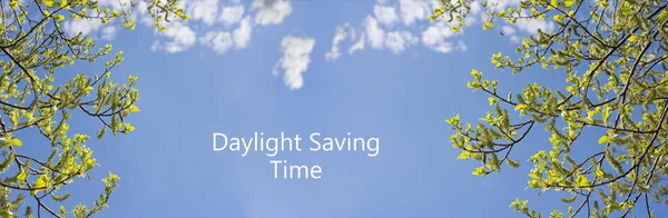 Daylight Saving Time (DST). Blue sky with white clouds and clock. Turn time forward (+1h). — 스톡 사진