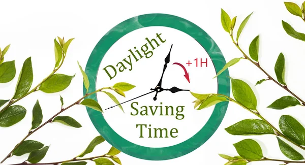 Daylight Saving Time (DST). Blue sky with white clouds and clock. Turn time forward (+1h). — 스톡 사진