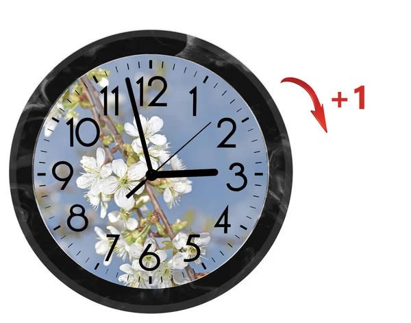 Daylight Saving Time (DST). Wall Clock going to summer time (+1). Turn time forward. — 图库照片