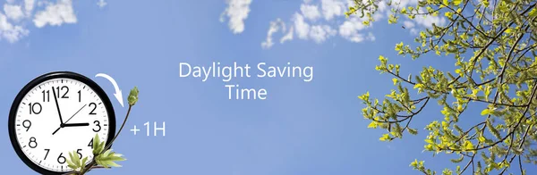 Daylight Saving Time (DST). Blue sky with white clouds and clock. Turn time forward (+1h). — Stok fotoğraf