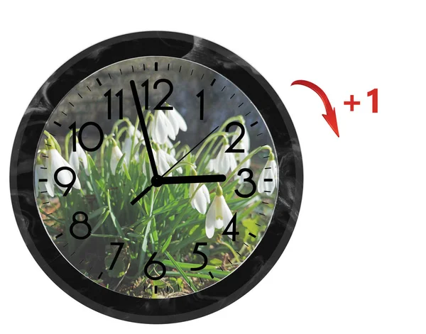 Daylight Saving Time (DST). Wall Clock going to summer time (+1). Turn time forward. — 图库照片