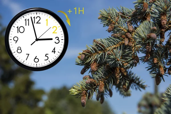 Horario de verano (DST). Cielo azul con nubes blancas y reloj. Tiempo de giro hacia adelante (+ 1h ). —  Fotos de Stock