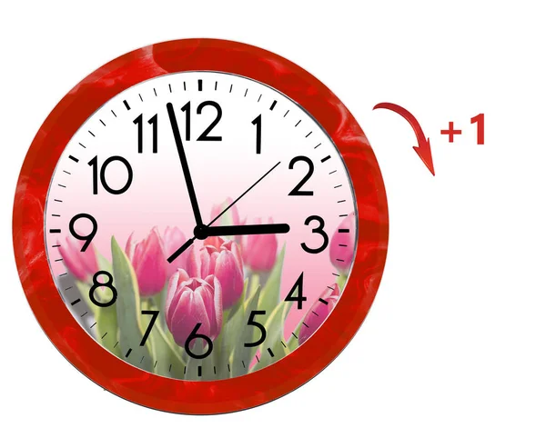 Daylight Saving Time (DST). Wall Clock going to summer time (+1). Turn time forward. — 图库照片