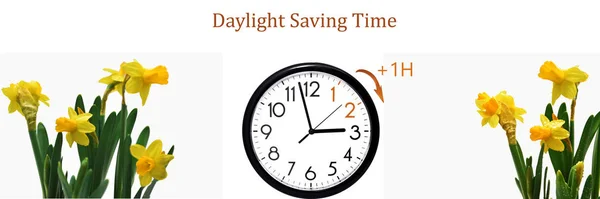 Daylight Saving Time (DST). Blue sky with white clouds and clock. Turn time forward (+1h). — 스톡 사진