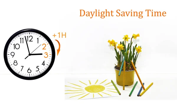 Daylight Saving Time (DST). Blue sky with white clouds and clock. Turn time forward (+1h). — 스톡 사진