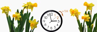 Daylight Saving Time (DST). Blue sky with white clouds and clock. Turn time forward (+1h).
