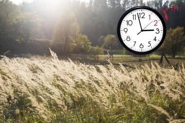 Daylight Saving Time (DST). Blue sky with white clouds and clock. Turn time forward (+1h).
