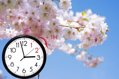 Daylight Saving Time (DST). Blue sky with white clouds and clock. Turn time forward (+1h).