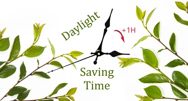 Daylight Saving Time (DST). Blue sky with white clouds and clock. Turn time forward (+1h). — 스톡 사진