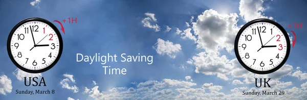 Daylight Saving Time (DST). Blue sky with white clouds and clock. Turn time forward (+1h). — 스톡 사진