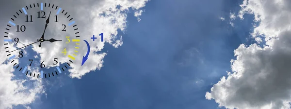 Oszczędność czasu w świetle dziennym (Dst). Niebieskie niebo z białymi chmurami i zegarem. Czas zwrotu do przodu (+ 1h)). — Zdjęcie stockowe