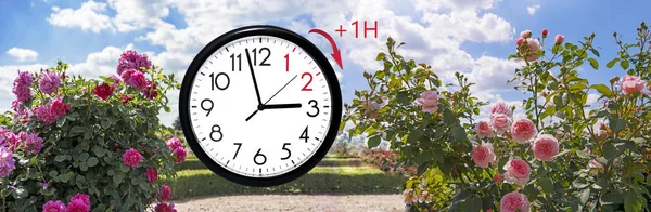 Daylight Saving Time (DST). Blue sky with white clouds and clock. Turn time forward (+1h). — Stok fotoğraf
