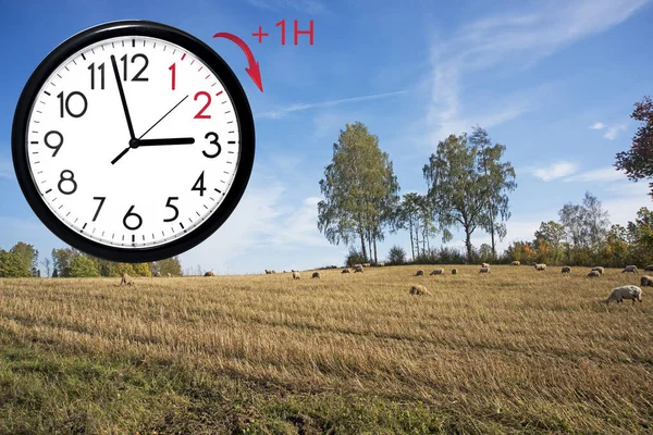 Hora de Verão (horário de Verão). Céu azul com nuvens brancas e relógio. Vire o tempo para a frente (+ 1h ). — Fotografia de Stock