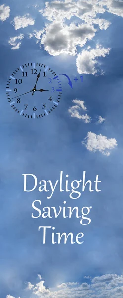 Daylight Saving Time (DST). Blue sky with white clouds and clock. Turn time forward (+1h). — Stok fotoğraf