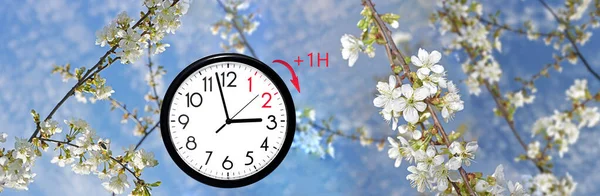 Daylight Saving Time (DST). Blue sky with white clouds and clock. Turn time forward (+1h). — Stok fotoğraf