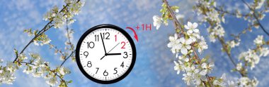 Daylight Saving Time (DST). Blue sky with white clouds and clock. Turn time forward (+1h).